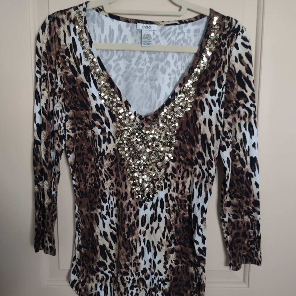 Cache Blouse Leopard Print 3/4 sleeve Brown/Beige/Black  Size Medium